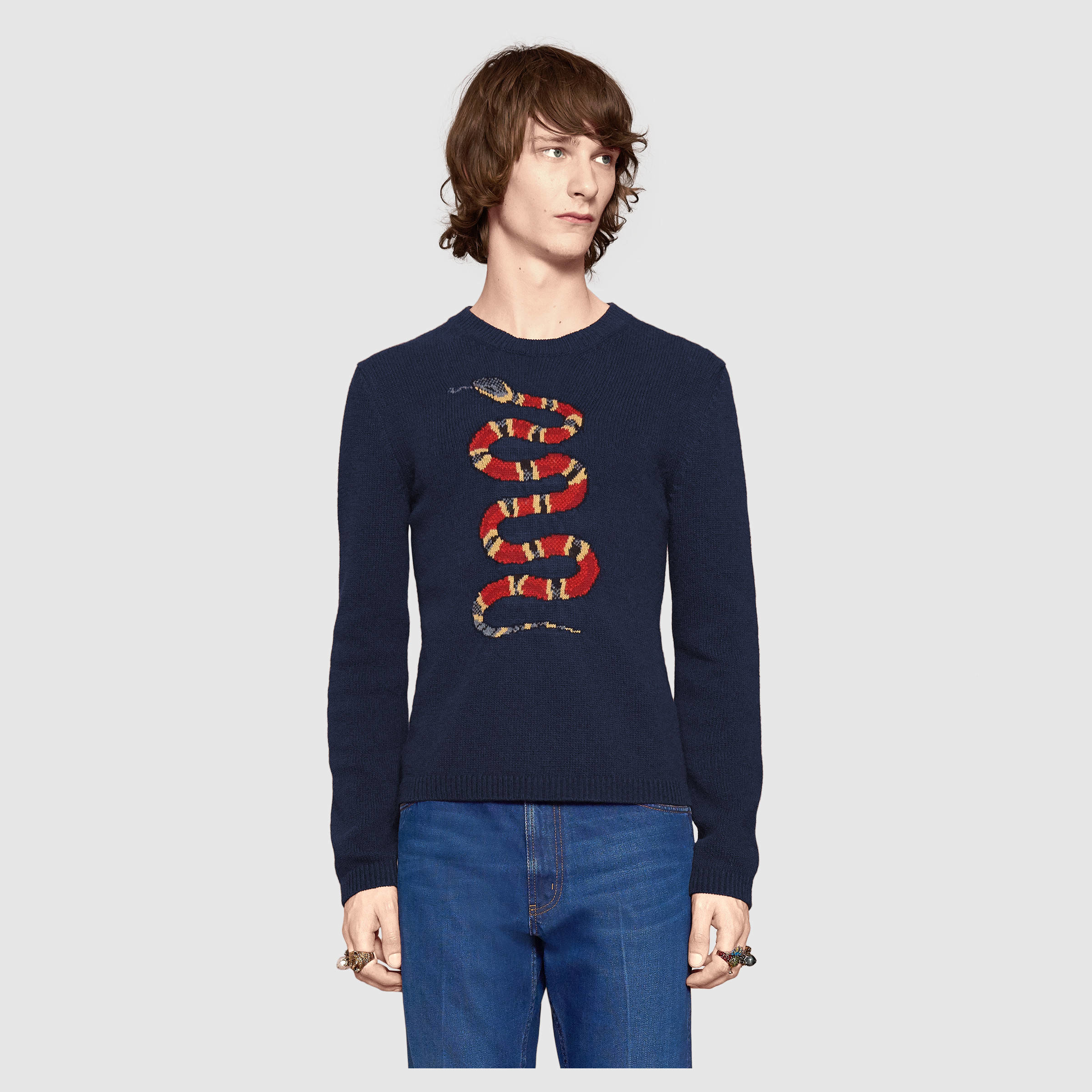 Gucci Snake Jacquard Wool Sweater in Blue for Men Lyst
